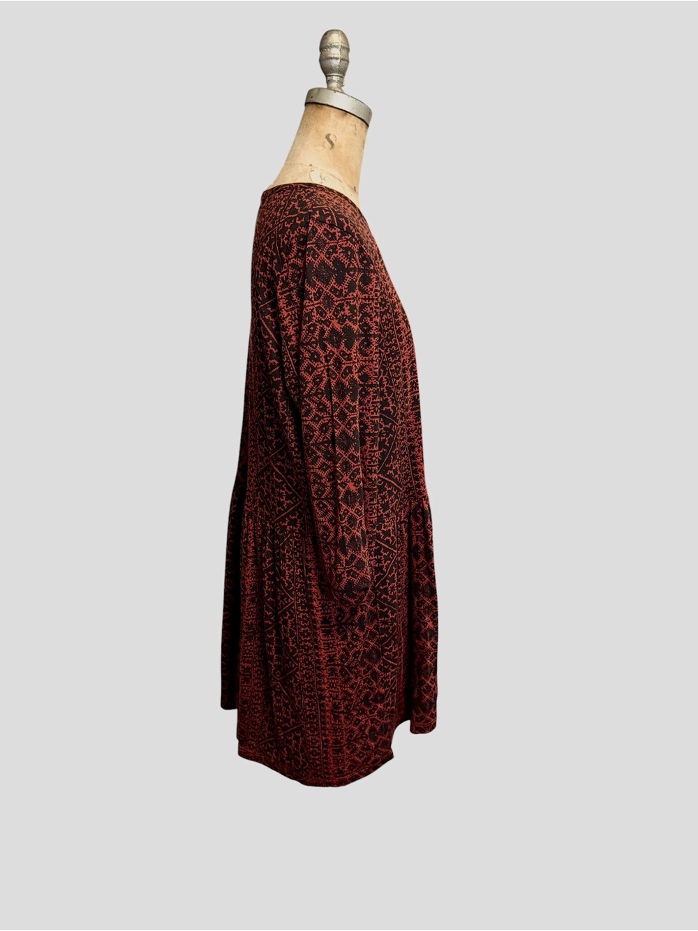 Peruvian Connection Tangier Fretwork Burgundy Long-Sleeve Tunic Dress M Boho EUC - Picture 4 of 8